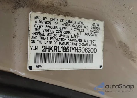 2000 Honda Odyssey z USA, uszkodzony, nr VIN 2HCRL1851YH506200